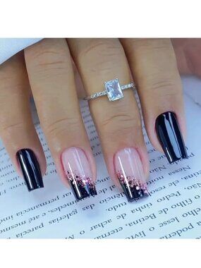 Nails Press On Style Black Pink 24 Glitter Glam Sexy Square Trendy Stylish Fake
